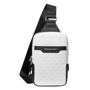 Michael Kors Mens Malone Leather Logo-Print Sling Pack White/Black - NWT $168